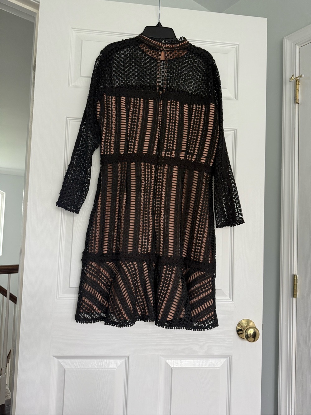 Adelyn Rae Black Crochet Long-Sleeve Dress with Nude Underlay